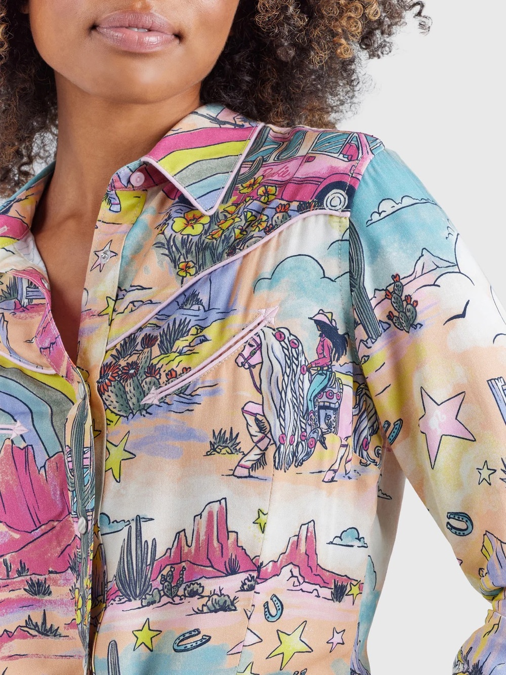 Wrangler x Barbie Illustrated Western Rainbow Button-Down Snap Shirt 🤠🌈🩷 Medium - Picture 7 of 8